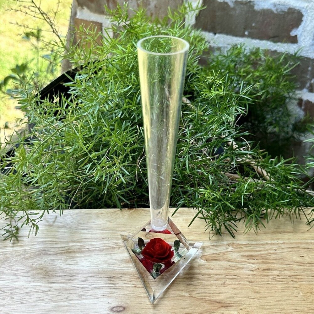 VTG 1960's Bircraft Vase‎ 8.5 Inch Lucite Reverse Carved Red Rose Green Leaves